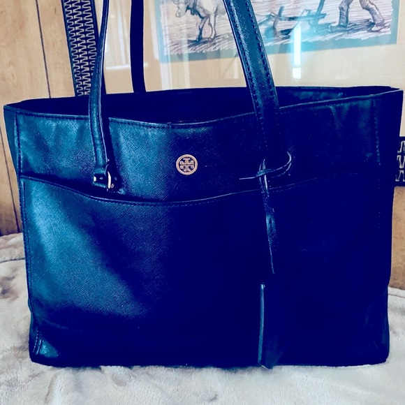 Tory Burch Robinson Large Triple Compartment Navy Blue Saffiano Leather Tote - Picture 16 of 16